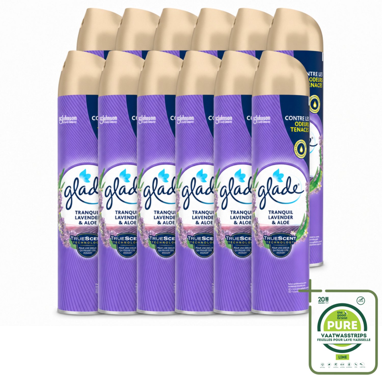 12 x Glade - Luchtverfrisser Spray - Tranquil Lavender & Aloë - 300 ml - Grootverpakking - Vaatwasstrips - Luchtverfrisser - Frisheid - Lavendel - Aloë - Geur