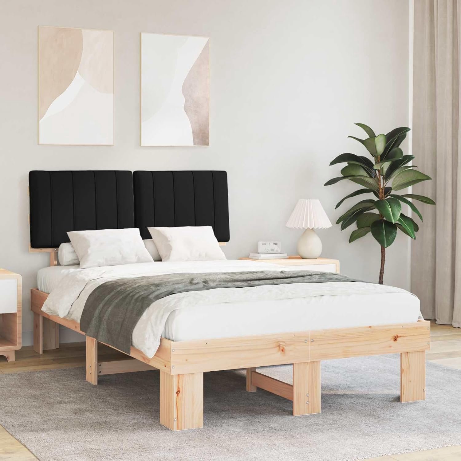 Bedframe met gevoerd hoofdeinde, zwart, 120 x 190 cm, van grenenhout, platform frame voor matras zonder boxspringbed, modern design