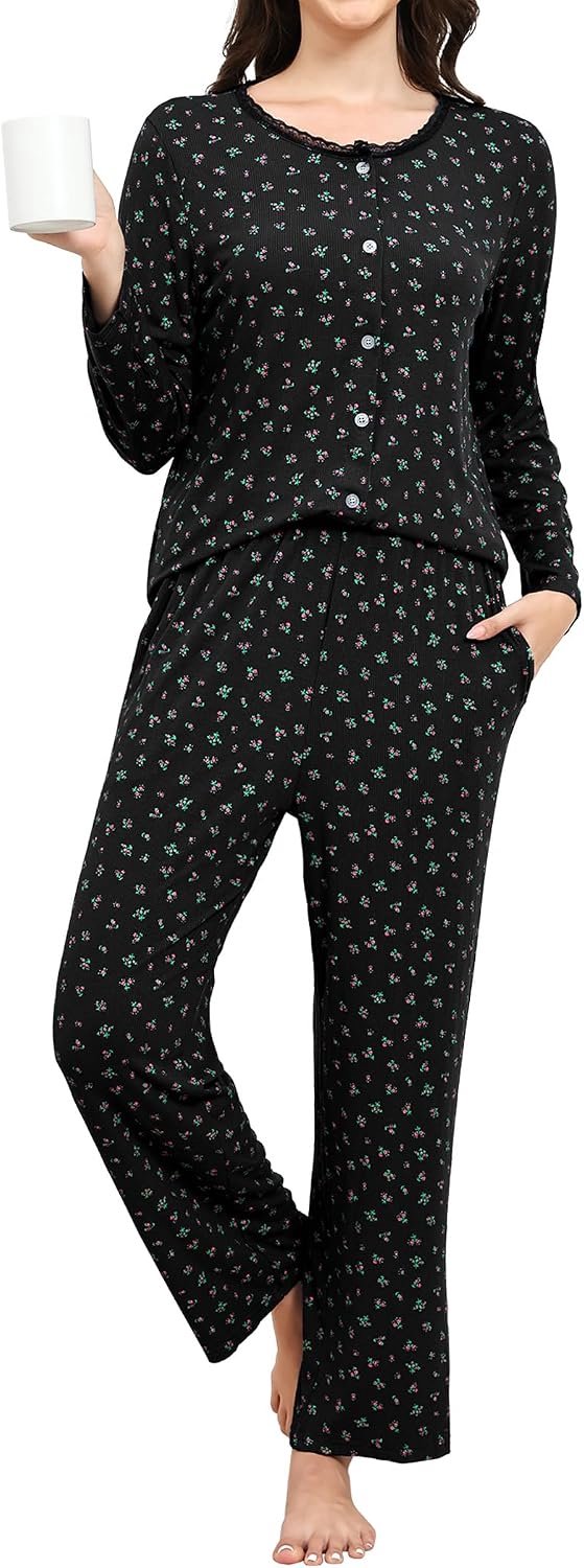 Pyjama voor vrouwen set 2-delige bloemenprint pyjama met lange mouwen set gesneden zachte pyjama loungewear met zakken S-XXL