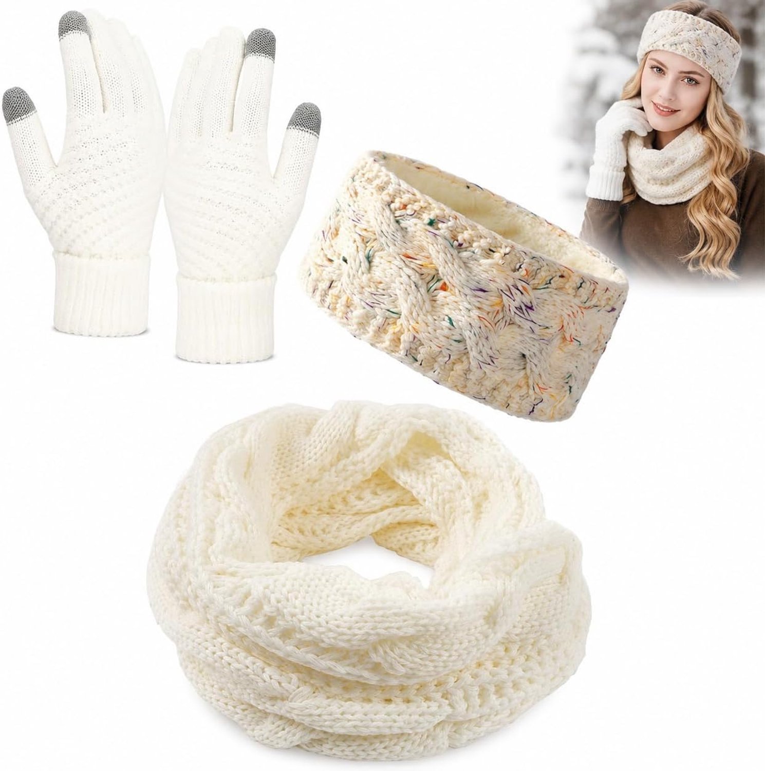 Winter accessoires dames set 3-delig gebreide hoofdband sjaal handschoenen wit elastisch warm comfortabel voor buitengebruik cadeau