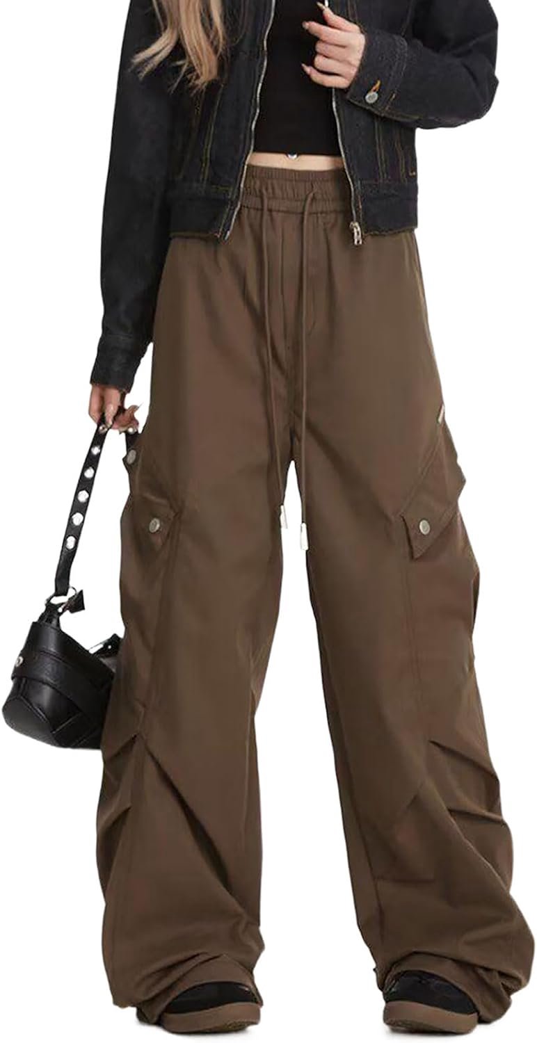 Baggy cargobroek met wijde pijpen, trekkoord, elastische tailleplooien, meerdere zakken, uniseks, rechte pasvorm voor mannen en vrouwen, koffie