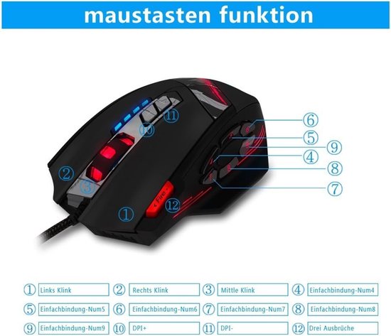Gaming Muis met 12 Programmeerbare Toetsen, 4000 DPI, RGB Verlichting en Ergonomisch Ontwerp voor PC en Laptop Gaming — afbeelding 4