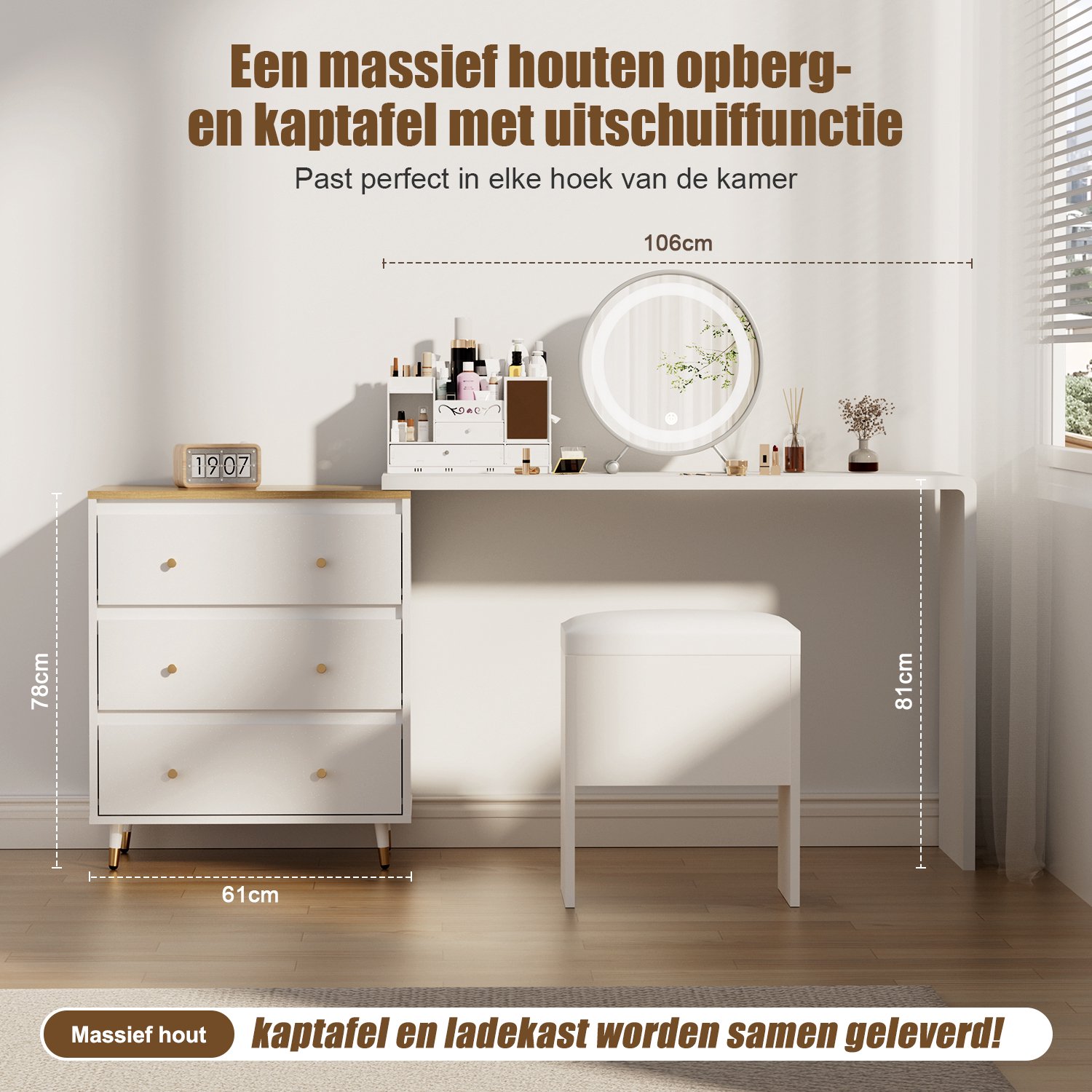 Lexzurn Ladekast 8 lades - Natuurhoutkleur - massief houten ecoplaat - opbergkast voor de slaapkamer