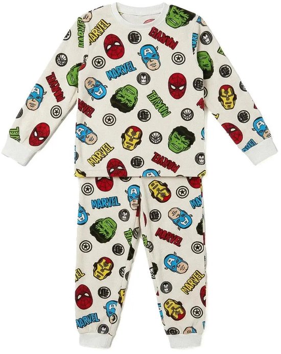 Crèmekleurige Marvel-pyjamaset met all-over print van Avengers-gezichten en Marvel-logo's.