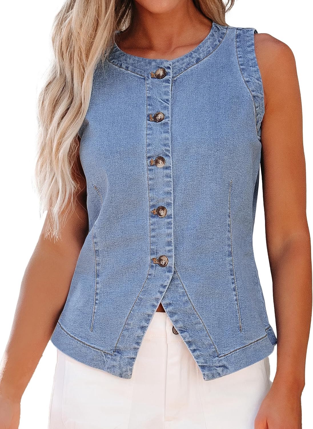 Jeans vest met knopen, ronde hals, zomerse western look