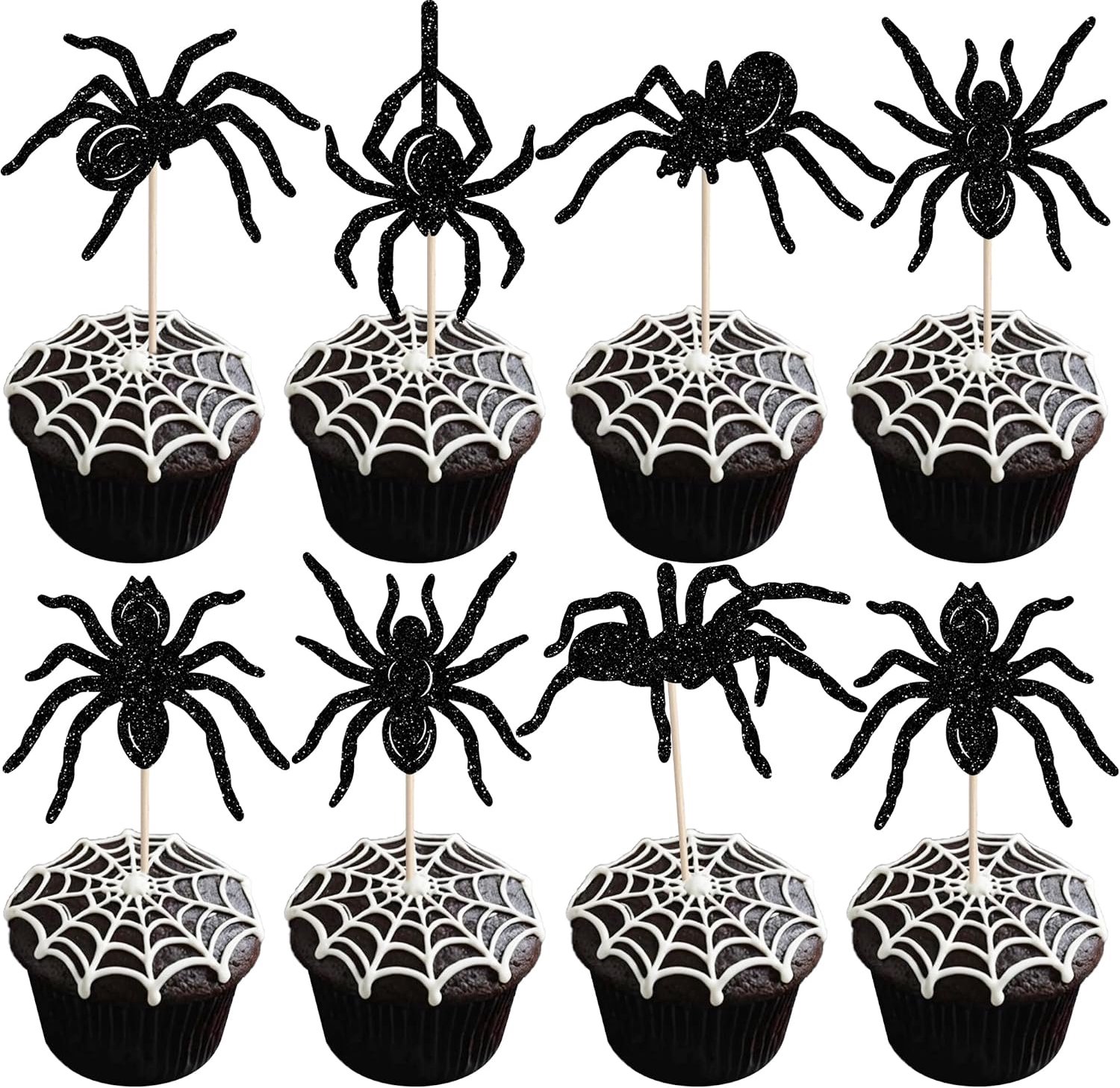 24 Glitterstekers Spinnen voor Cupcakes Halloween
