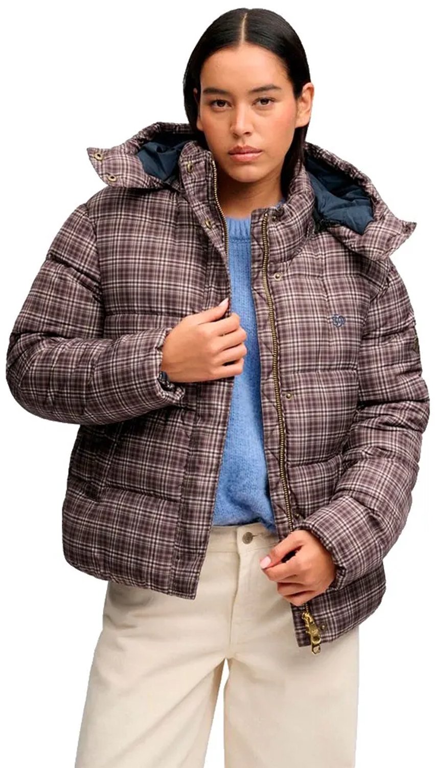 Superdry Premium Printed Check Puffer Jas Relaxed Pasvorm Dames Gewatteerde jassen Kastanjebruin Geruit