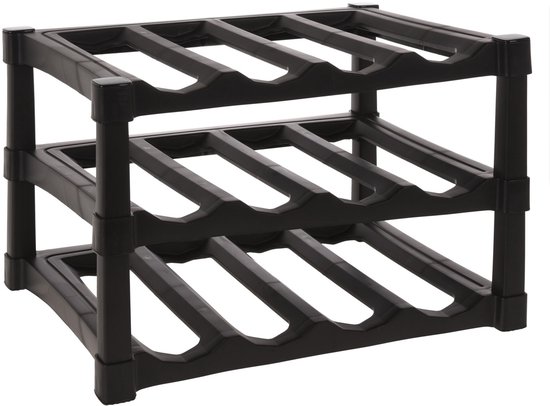 Zwart kunststof flessenrek met 3 niveaus, open structuur voor eenvoudige toegang tot wijnflessen.