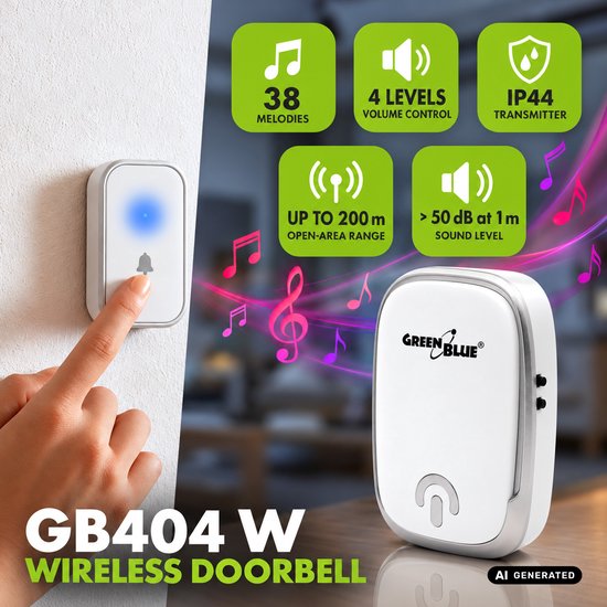GreenBlue draadloze deurbel, 38 melodieën, 90 dB, wit, bereik tot 200 m, GB404 W — afbeelding 4