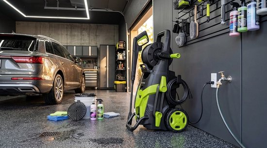 Hogedrukreiniger 180 Bar - Elektrische Reiniger met 7m Slang, Slanghaspel & Schuimreservoir - Inclusief Vuilfrees & 6-in-1 Mondstuk - Voor Terras, Auto & Tuin - Laura Homestore - Groen — afbeelding 2