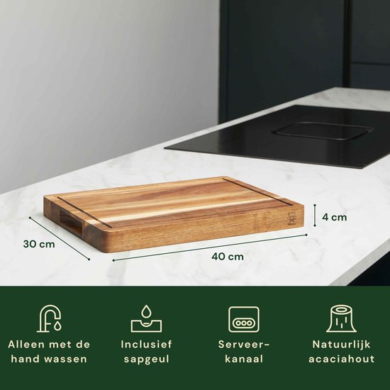 Bikolo® Houten Snijplank Acaciahout Extra Dik - Hakblok - Grote Borrelplank - Serveerplank - Tapasplank - Met Handvaten, Sapgeul & Serveerkanaal — cadeau in Kookcadeaus - foto 4