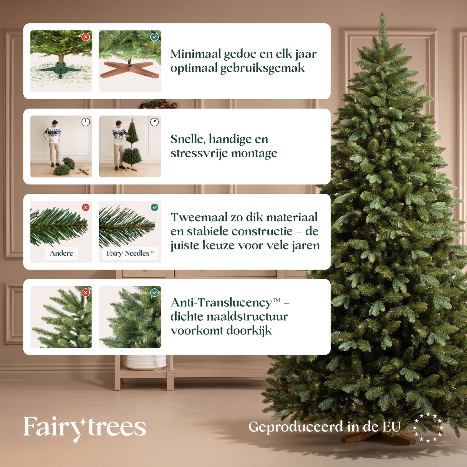 FAIRYTREES Kunstkerstboom 180 cm met PE-takken, Donkergroen, Nordmann-spar Handgemaakt in Europa, Testwinnaar, Kleine en Realistische Kerstboom met Houten Standaard, Model FT29 – foto 3