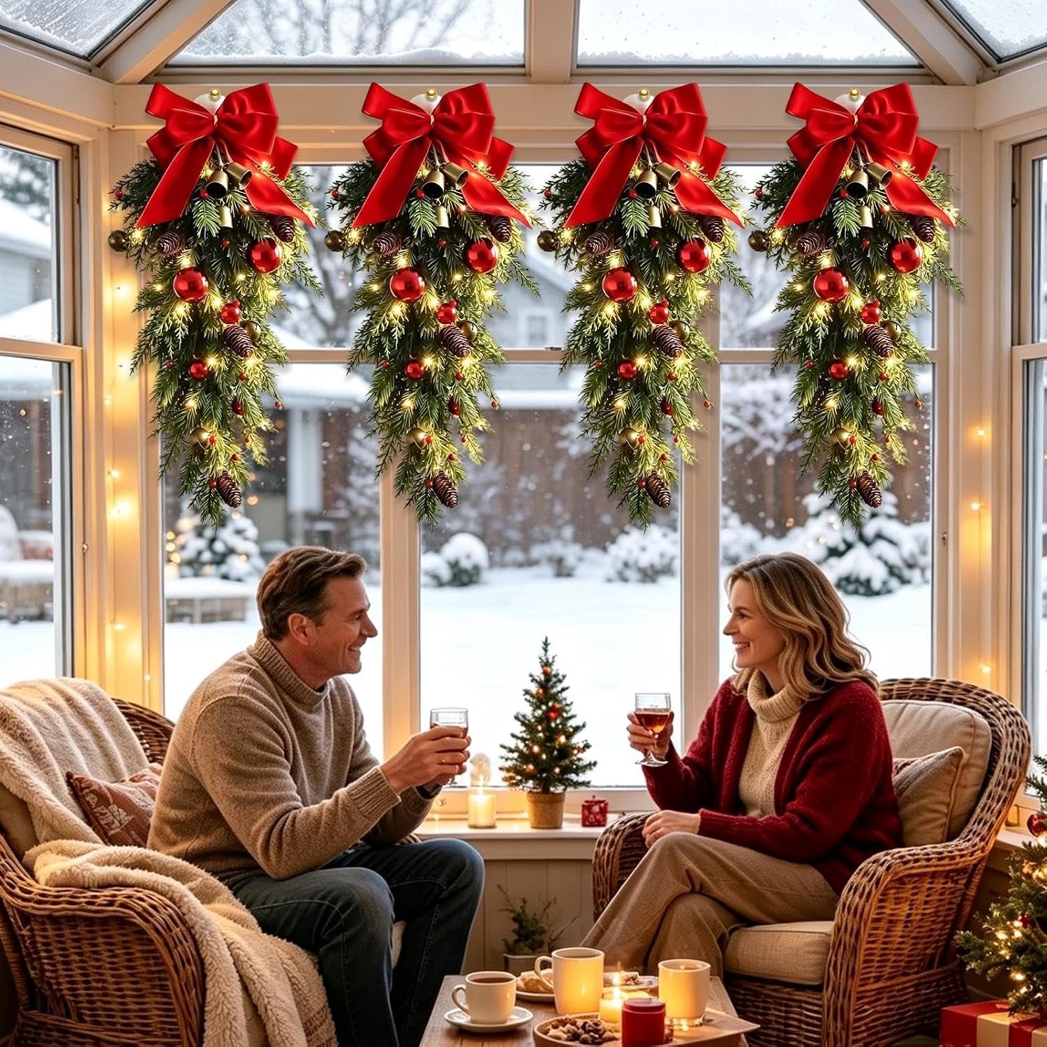 1 stuk - Kerstkrans - Kerstbelversiering - geschikt om op te hangen aan vloeren en deuren - strikversiering - Kerstdecoratie - met lichtjes - rood – foto 5
