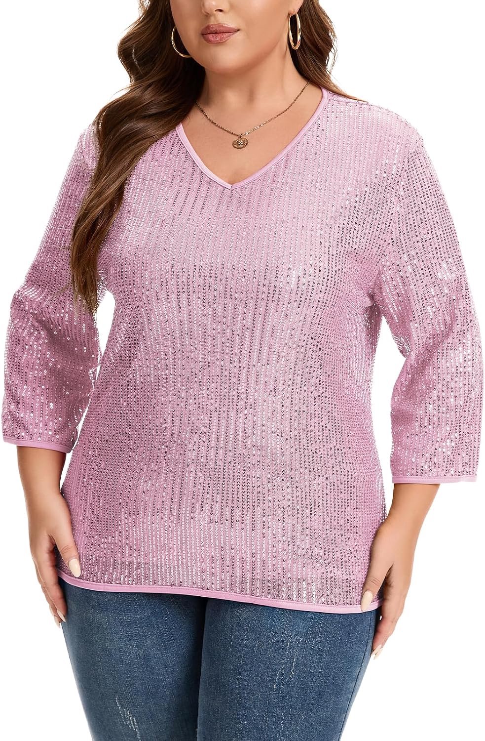 Top met pailletten, lange mouwen, V-hals, oversized