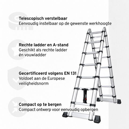 Mexxo Telescopische Vouwladder 2,5 x 2,5 meter - 5,5m hoogte - incl. stabilisatiebalk - Telescoopladder aluminium