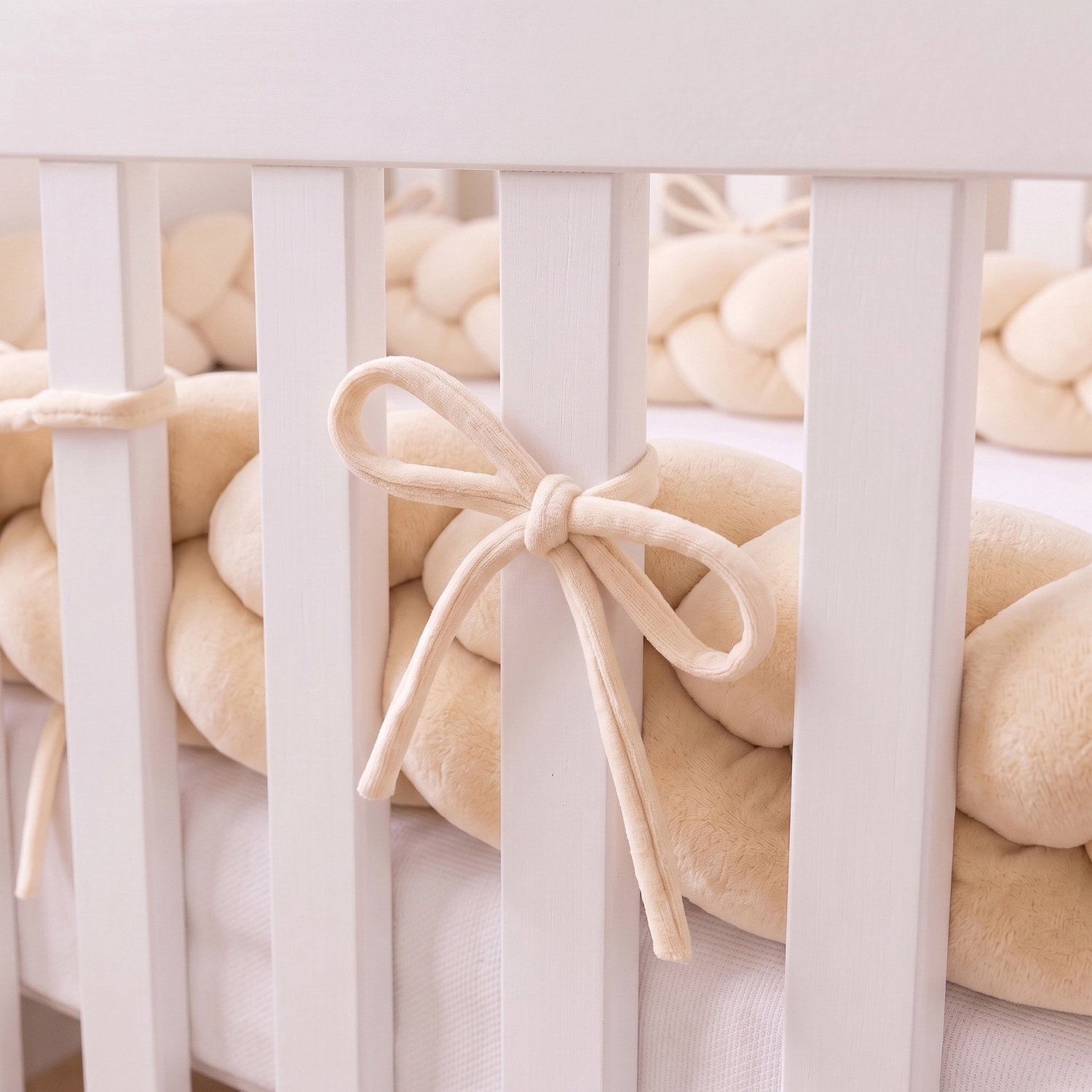 Honeybears Gevlochten Baby bedomrander – Boxomrander baby – Bedslang - Bedbumper - Hoofdbeschermer - Parkomrander - Bedrand - Bed bumper ledikant – 3 meter – Creme – foto 2