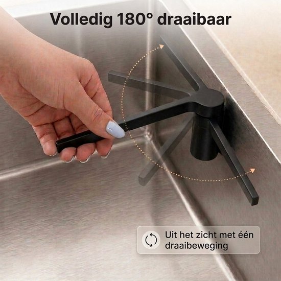 Zwarte vaatdoekhouder die 180 graden draaibaar is om uit het zicht te draaien.