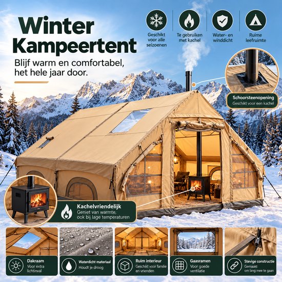 DPLUNIQ Tent - Opblaastent - Kampeertent - Kamperen - Camping - 8/10 Personen - Waterdicht - 4 Seizoenen - 400x300x210cm - Beige — afbeelding 5