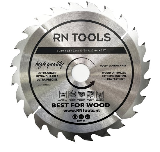 RN TOOLS cirkelzaagblad met tekst 'high quality', 'BEST FOR WOOD', 'LONG LIFE' en pictogrammen voor hout, laminaat en MDF. Ø 230 x 30/25.4/20mm - 24T.