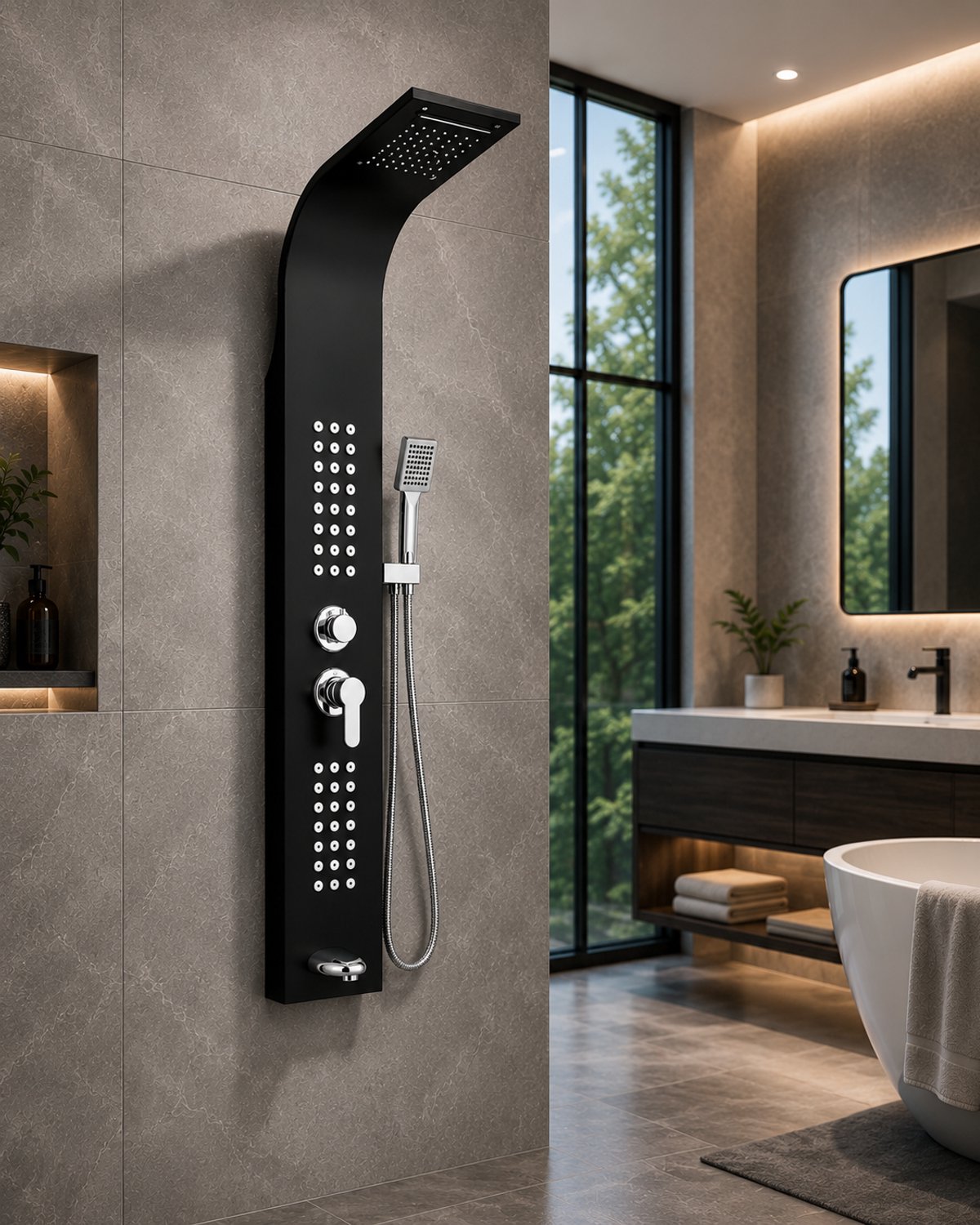 ERFU Douchekolom 5-in-1 RVS SS304 – Regendouche + Massagejets + Handdouche + Thermostatische Mengkraan Mat Black