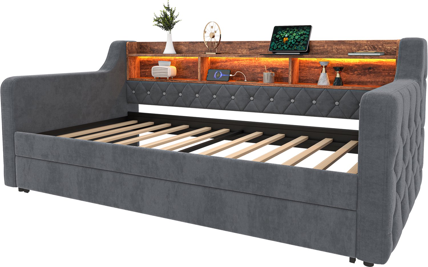MUVANO Slaapbank - Uitschuifbaar bed met opbergruimte - Fluwelen bekleding - Verstelbare ledverlichting - 90x190 cm - USB-C - Voor de logeerkamer donkergrijs
