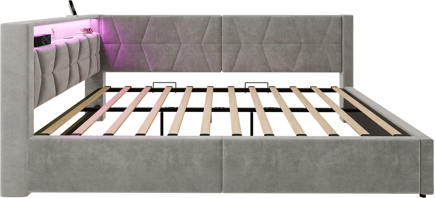 MUVANO Bed 140x200 cm met opbergruimte - Fluwelen bekleding - Ledverlichting - USB en type-c - Hydraulische bedkast - Voor gebruik in slaapkamer donkergrijs