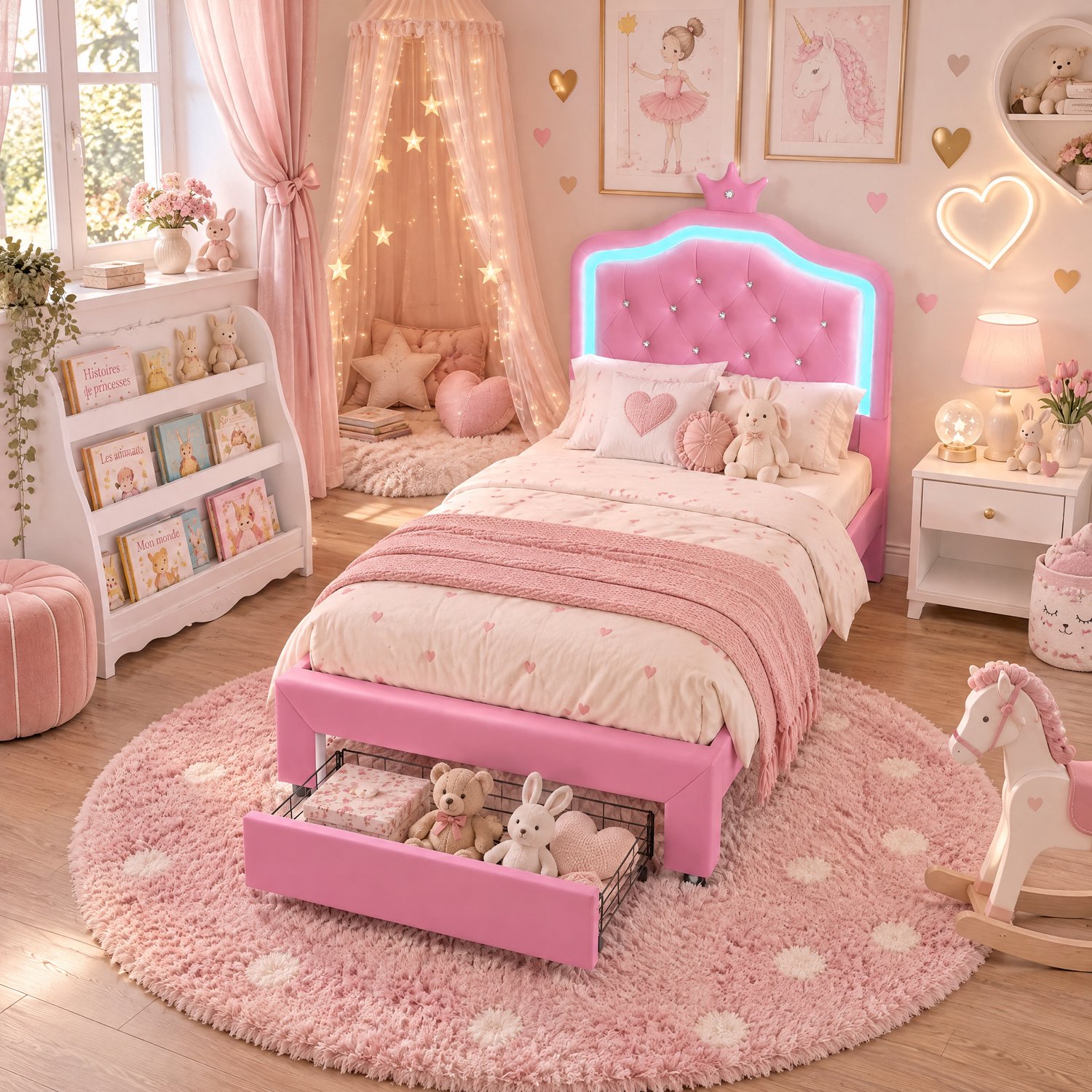MEXUS Kinderbed 90x200cm, Meisjes Eenpersoonsbed, Eenpersoonsbed met LED-verlichting, Kroonvormig Prinsessenbed, Verstelbaar Hoofdeinde, Kinderbed, PU, Roze
