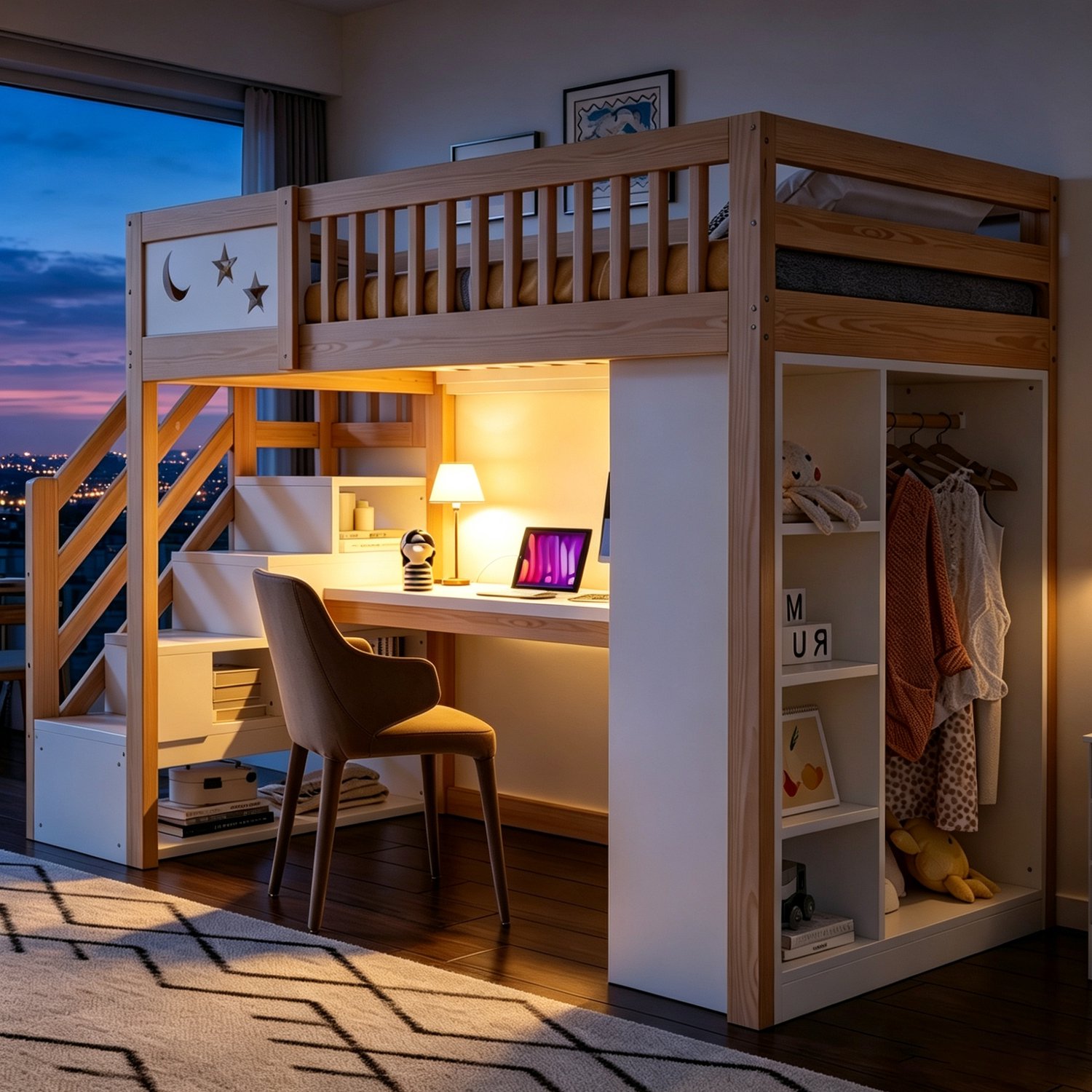 OOIILLEE Houten hoogslaper 90 × 200 cm, met unieke leuning, inclusief bureau, LED-verlichting, stopcontact, open planken en kledingkast, met opstapladder naar opbergruimte, houtkleur Naturel+Wit