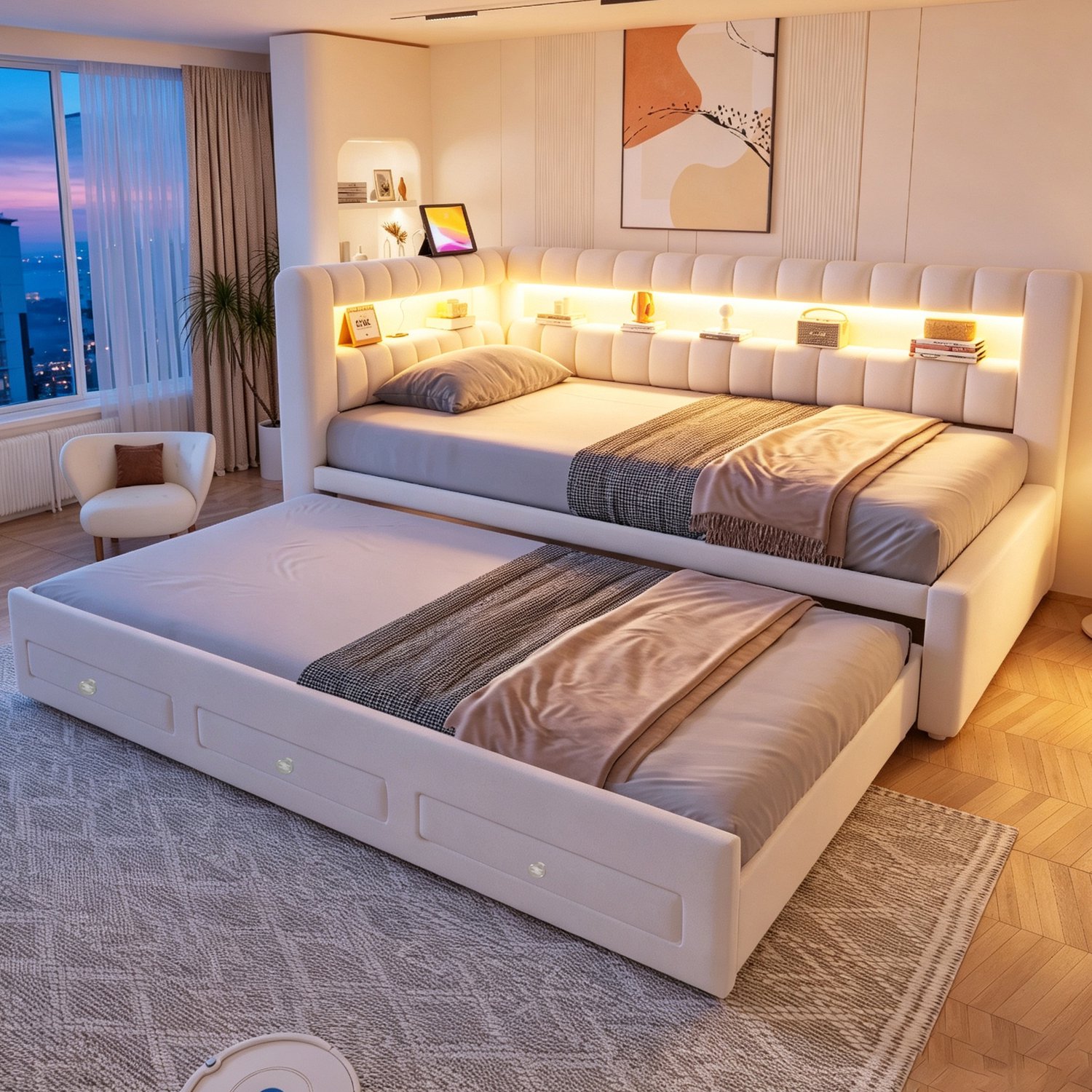 OOIILLEE Slaapbank met matras 90*190 cm, met uittrekbaar bed en opberglade, met LED-verlichting en USB-oplaadpoort, met versterkt hoofdeinde en rugleuning, fluweelstof Beige