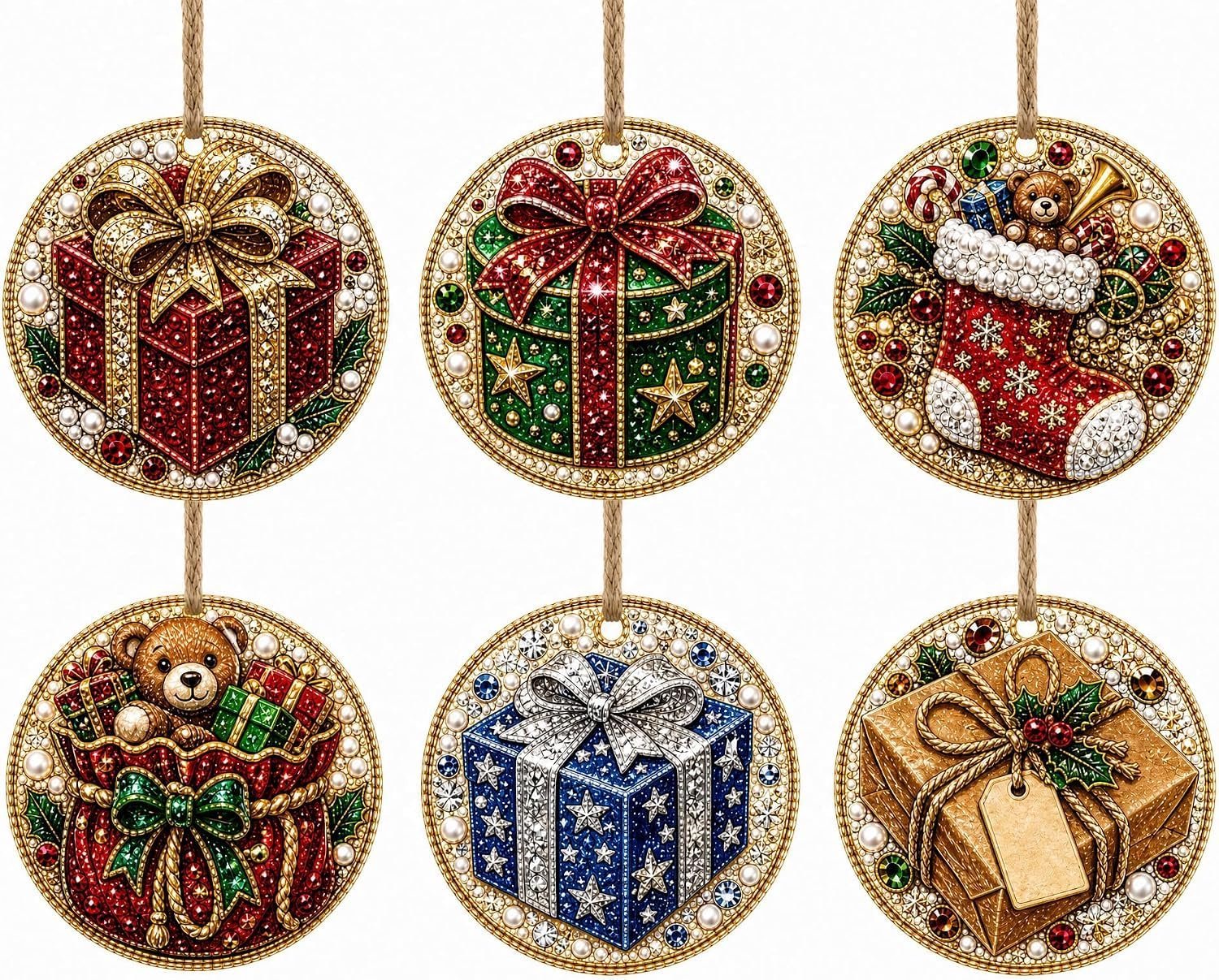 6-delige doe-het-zelfset met houten kerstornamenten - Ronde Houten Hangers - houten diamant schilderij kerst - Diamond Painting Kerstornamenten - Kerst Diamond Painting Set - Kerstboomversiering - Kerstcadeau