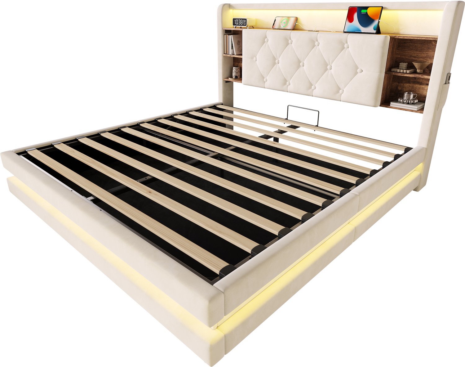 MUVANO Gestoffeerd bed 140x200 met opbergruimte - Fluwelen bekleding - Hoofdbord met vakken - Ledverlichting en usb - Hydraulisch liftsysteem - Slaapkamer beige