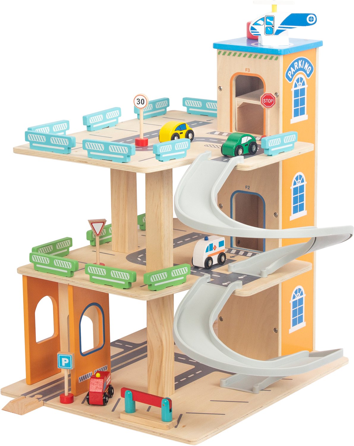 Sunny Toby Houten Speelgoed Garage – 47 x 40,5 x 56 cm – Speelgarage met 3 Verdiepingen – Met Hellingbanen en Helikopterplatform – Met 27 Accessoires – Houten Speelgoed voor Binnen – Vanaf 3 Jaar