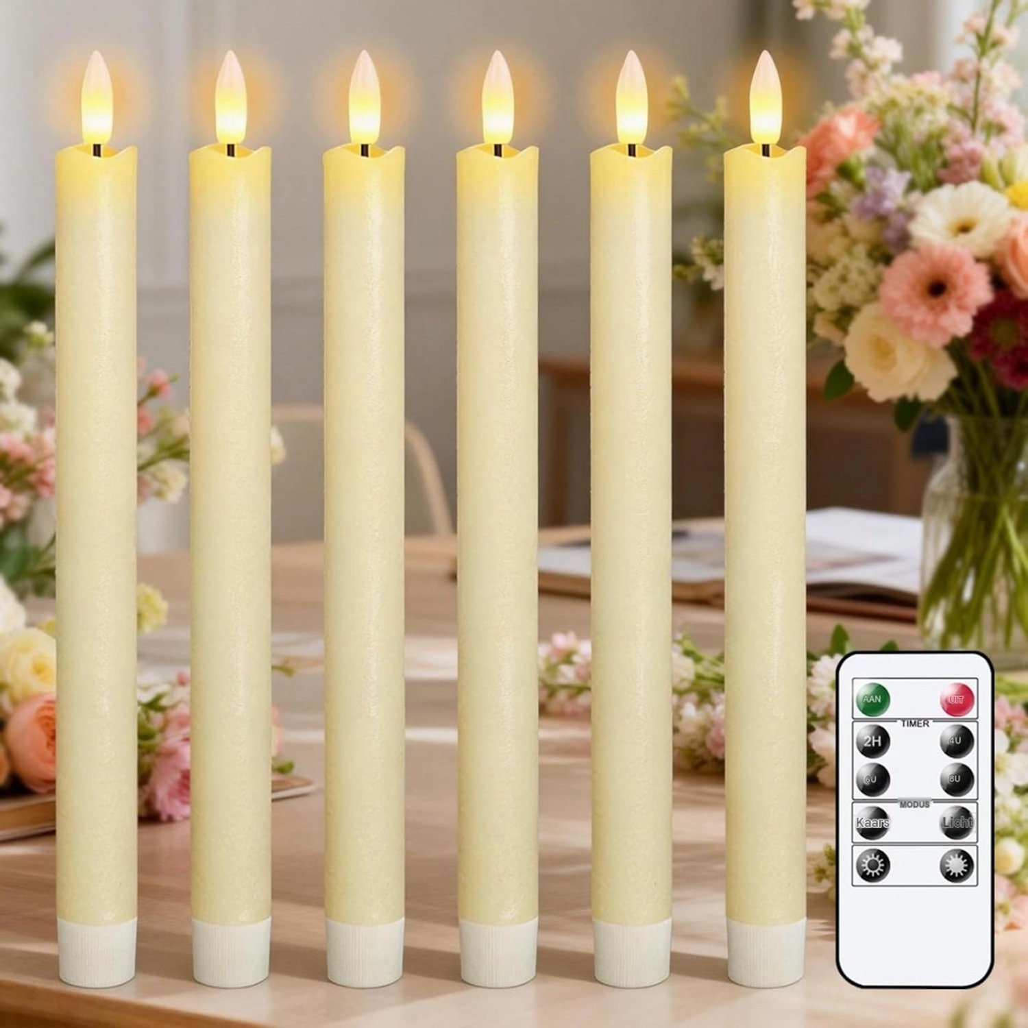 SSTRWGOOD LED-staafkaarzen met timer - Set van 6 - Inclusief afstandsbediening - Elektrische LED-kaarsen van echte was - Ivoorwit - 2 x 25 cm - Realistische 3D-flakkerende vlam - Geschikt voor kerst- en adventsdecoratie