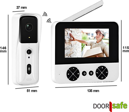 Doorsafe 4451 - Draadloze camera deurbel - Wit - 4.3″ Scherm - Draadloos, standaard bereik - Deurbel op uitneembare en oplaadbare 3600mAh accu - Laag resolutie beeld - Simplex audio - Met monitoring - 16Gb SD-kaart — afbeelding 4