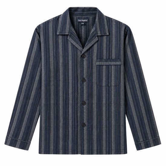 Marineblauw doorknoop pyjamajasje van Paul Hopkins met grijze en lichtblauwe verticale strepen en borstzak.