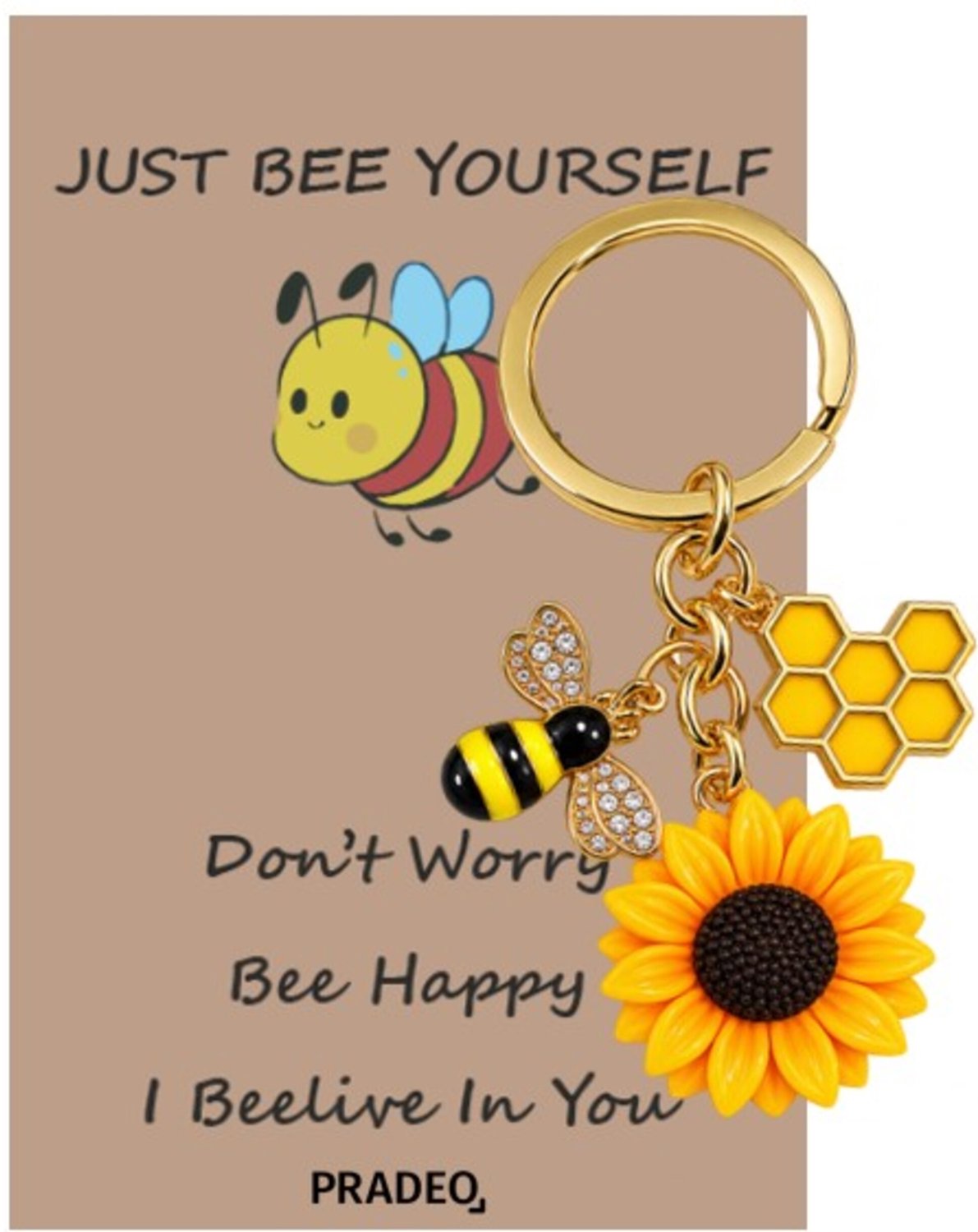 Pradeo - Bijen Sleutelhanger - Bij, Zonnebloem en Honingraat - Hangertje - Key Chain - Bumblebee - Pocket Hug - Geluk - Klein Geschenk - Bedankt Cadeautje / Kaartje - Familie, Vrienden, Collega of Meester & Juf - Met Tekstkaartje