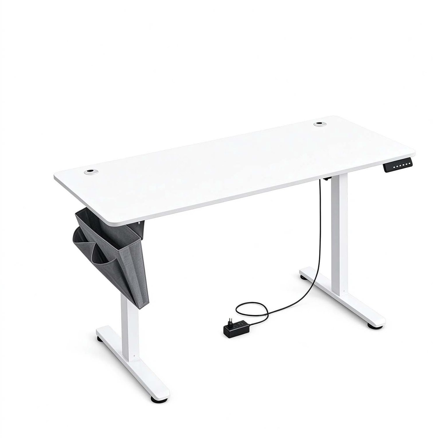 FANGDE Elektrisch in hoogte verstelbaar bureau 140 x 60 x 72–120 cm wit met 4 geheugenstanden stille motor stevig stalen frame met haken kabeldoorvoeren en opbergtas eenvoudig te monteren en schoon te maken voor thuiswerken studeren en de studeerkamer