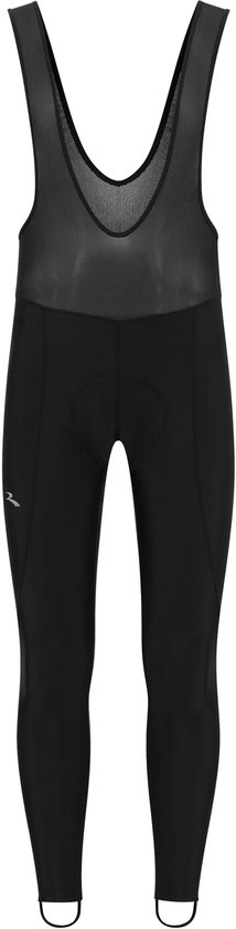 Zwarte Rogelli Core lange fietsbroek met bretels en voetlussen op een witte achtergrond.