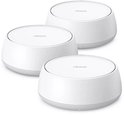 Drie witte ronde TP-Link Deco wifi-units met een minimalistisch design en een groen indicatielampje.