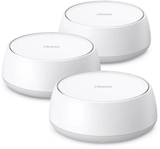Drie witte ronde TP-Link Deco wifi-units met een minimalistisch design en een groen indicatielampje.