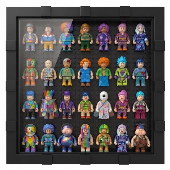 Zwart displayframe met een verzameling kleurrijke minifiguren. Let op: mini figuren niet inbegrepen.