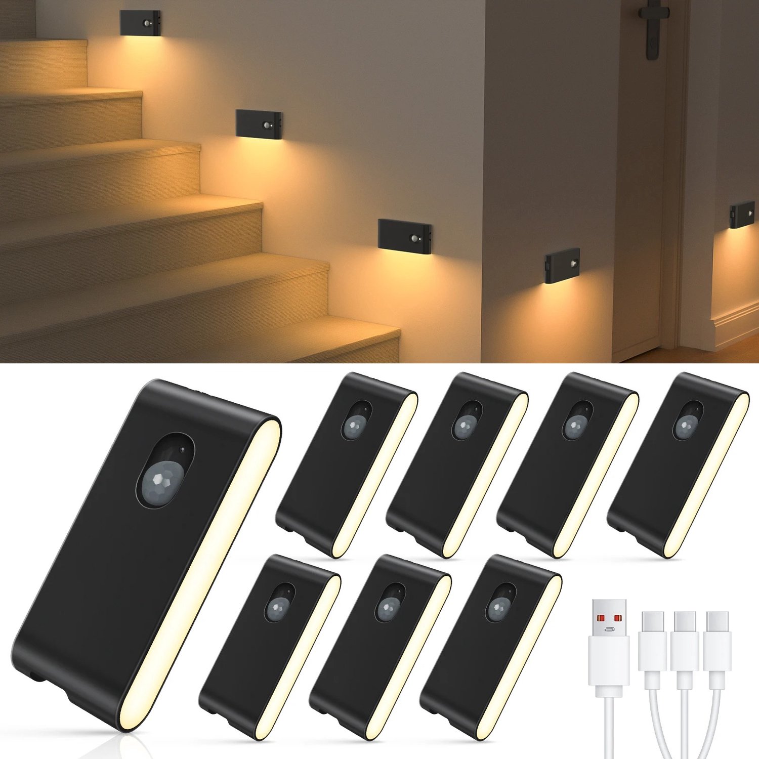 Cherrys Finds - 8 Stuks Trapverlichting - Trapverlichting Led Bewegingssensor - Trapverlichting Draadloos - Trap Verlichting Met Sensor - Oplaadbare Nachtverlichting Voor Trap, Gang, Keukenkast, Slaapkamer - Zwart