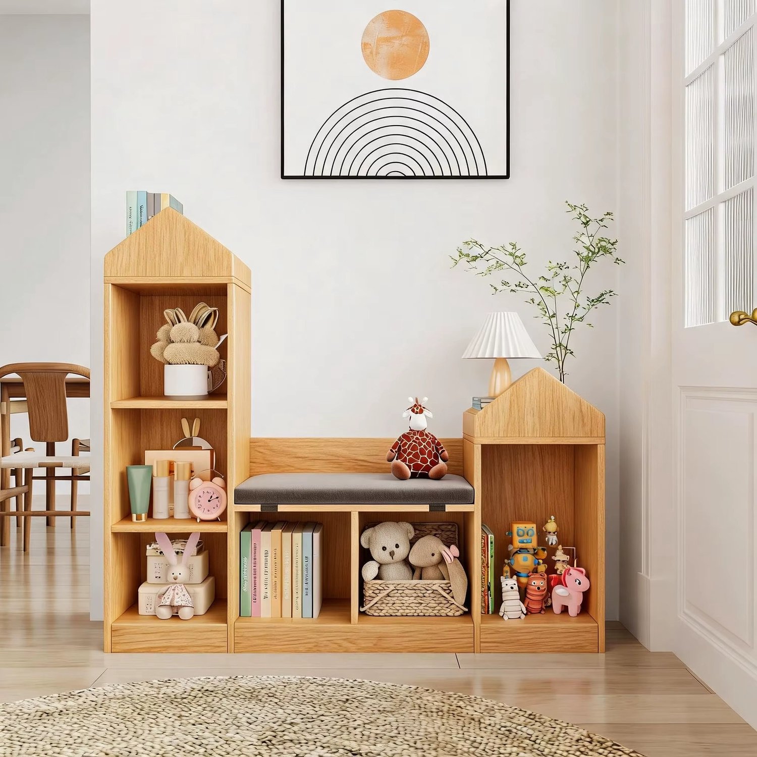 CreateEcom Boekenkast - boekenrek - Boekenkastbank met zitting - kinderboekenplank met opbergruimte - 3-laags staande boekenplank met multifunctionele opbergruimte - houten boekenorganizer voor kinderkamer