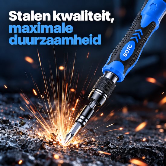 Blauwe BOTC-schroevendraaier die vonken produceert, symbool voor stalen kwaliteit en duurzaamheid.