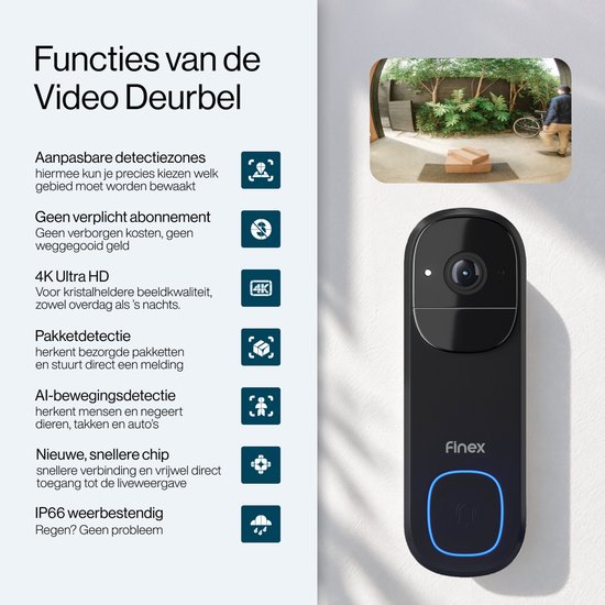 Finex Video Deurbel V3 - 4K Ultra HD - Inclusief Binnenbel & SD kaart (32GB) - AI bewegingsdetectie - Geen abonnement - Vast stroom of Batterijen - WiFi - T-ring geluid - Slimme Draadloze Video Deurbel Met Camera — afbeelding 2