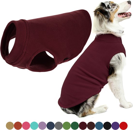 Hond met vlekken in bordeauxrode fleece jas en een rij met gekleurde opties onderaan.