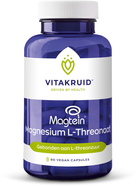 Blauwe fles Vitakruid Magnesium L-Threonaat met 90 vegan capsules, witte dop en groen logo.