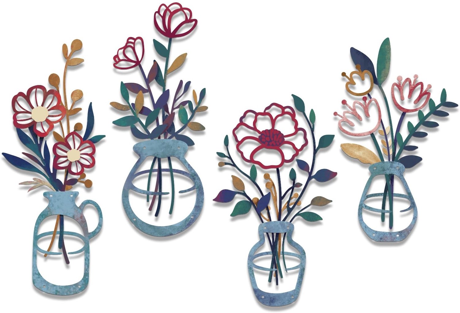 Set van 4 Kleurvolle Metalen Wanddecoraties met Bloemen