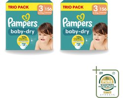 2 x Pampers – Luiers – Baby-Dry Trio Pack Maat 3 (6-10 kg) – 156 Luiers - Wasstrips - Baby Luiers - Droge Luiers - Anti-lek Luiers - Baby Droogheid - Nachtluier