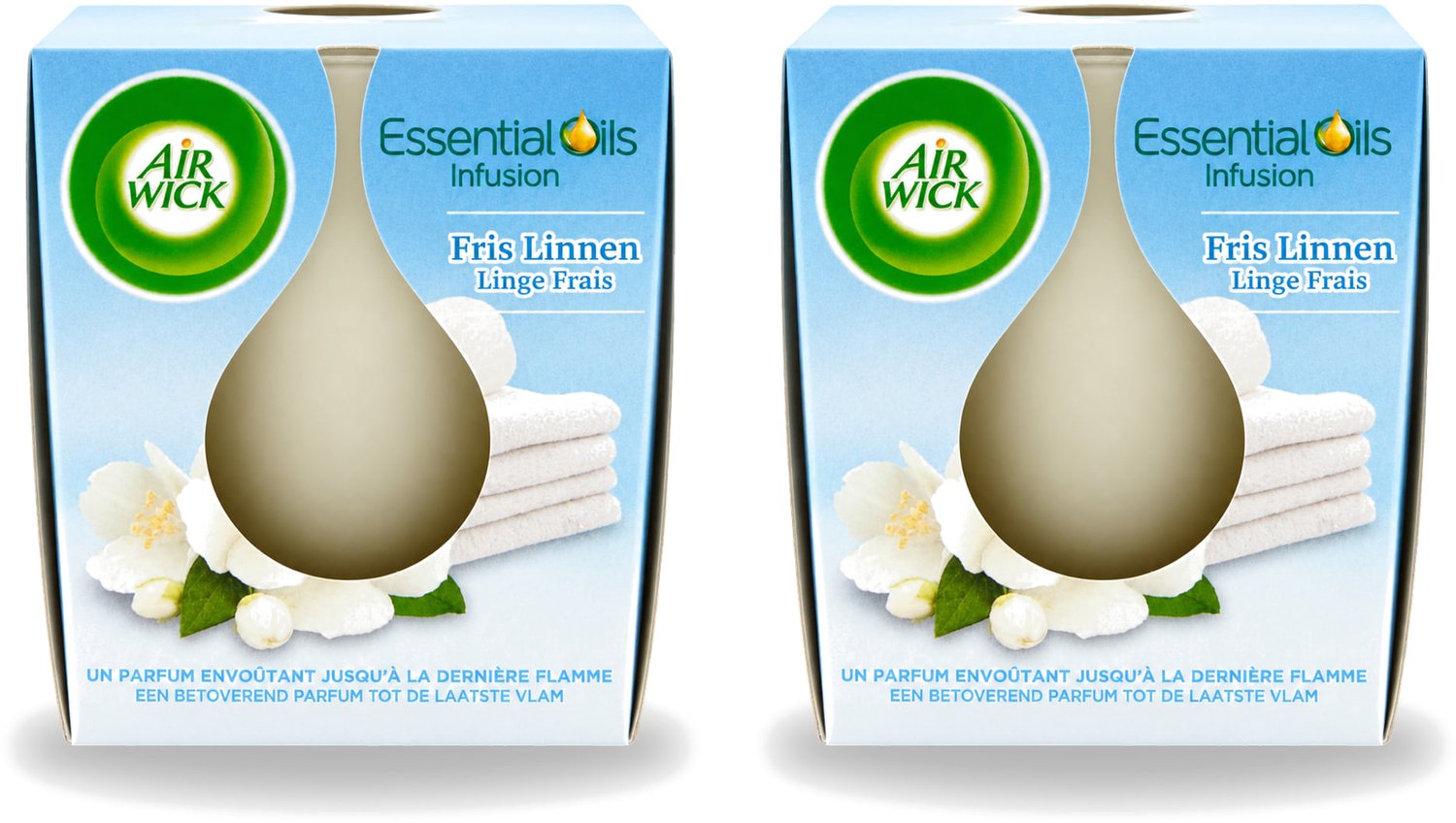 Air Wick 2 x Air Wick – Geurkaars – Fris Linnen met Essentiële Oliën – 105 g - Voordeelverpakking - 2 stuks Wit